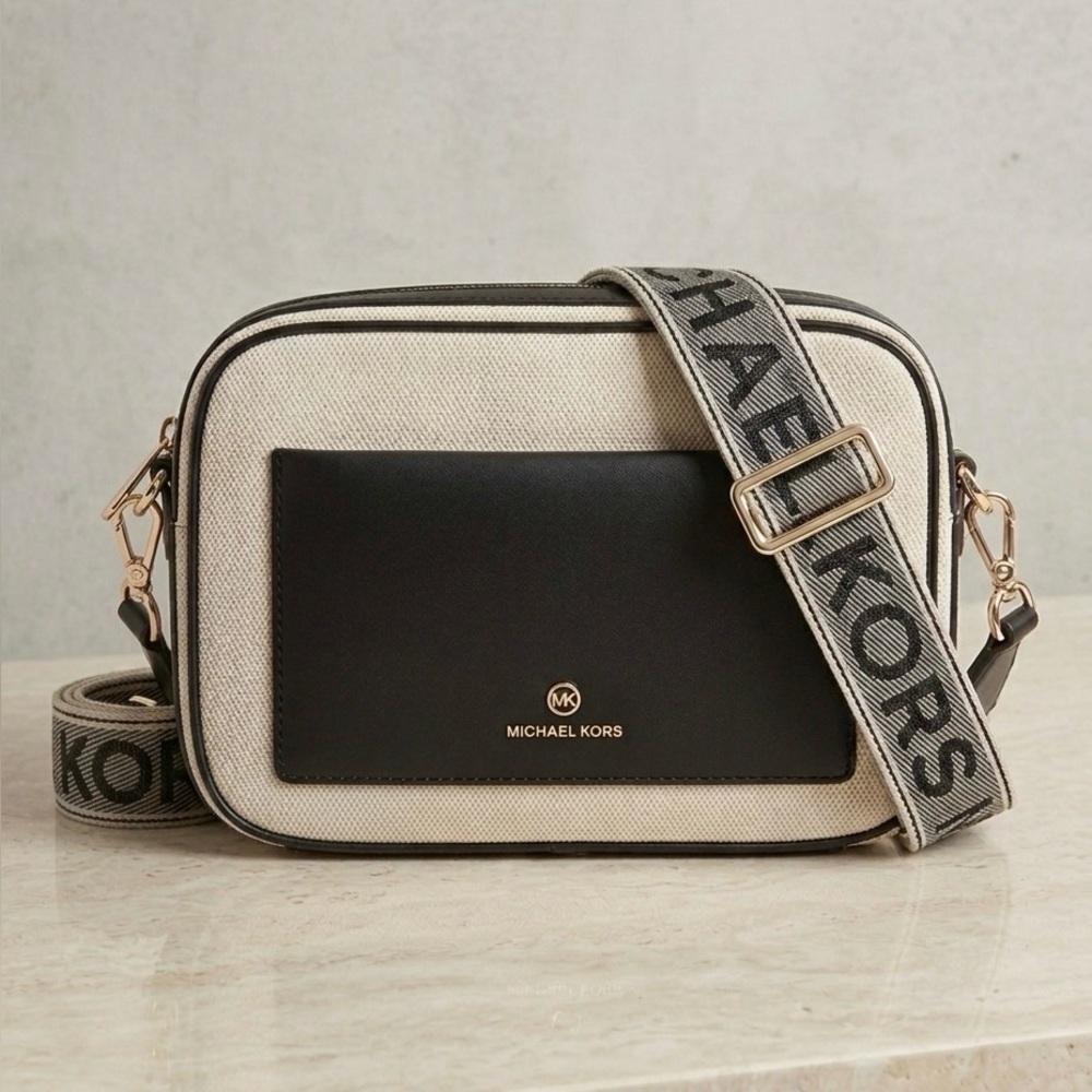 Michael Kors Black and Cream Logo Strap Bag